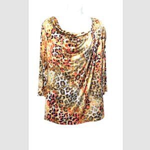 NWOT  Susan Graver Animal Print 3/4 Sleeve Drape Neck Knit Top Small